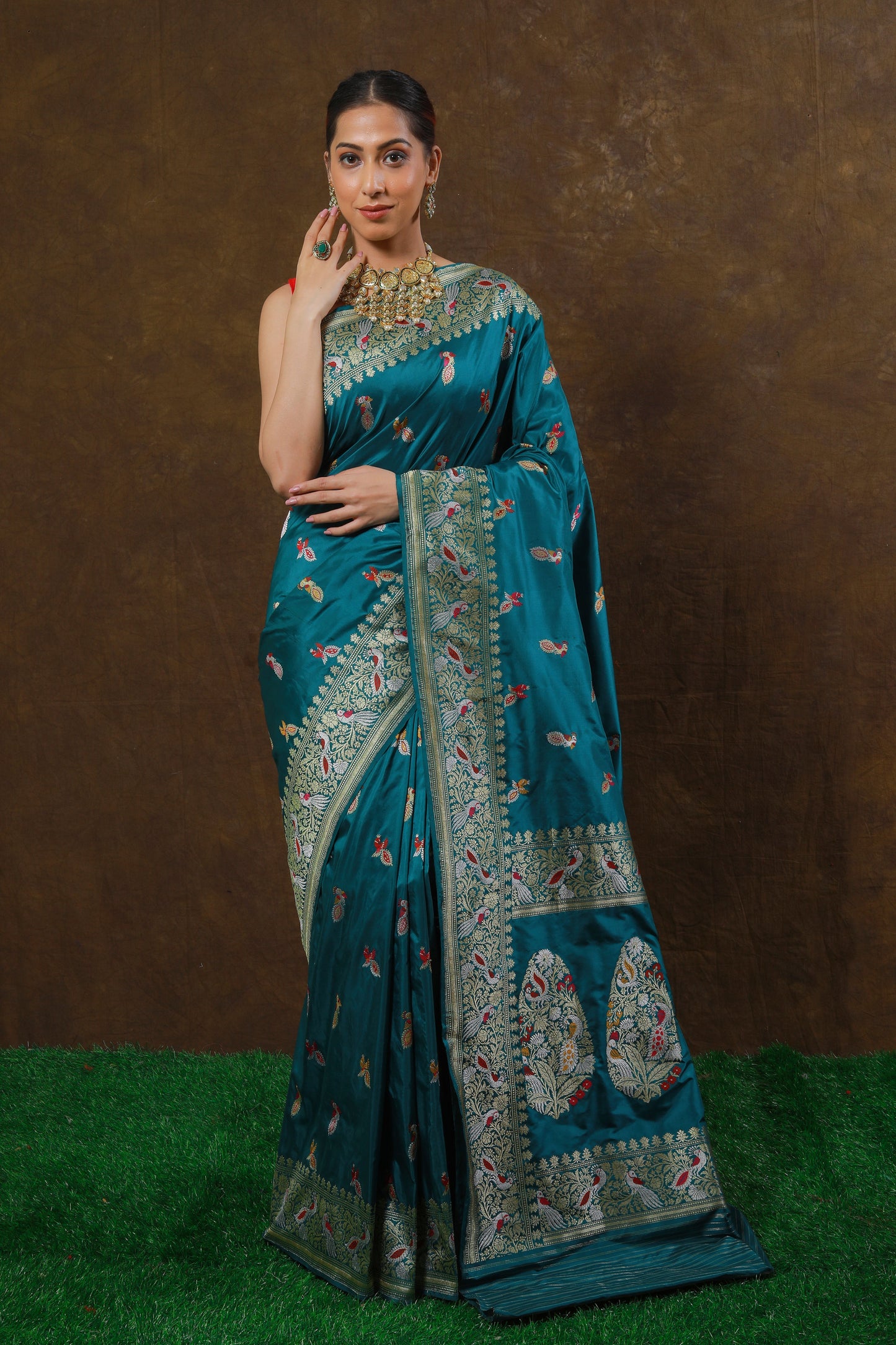 Teal Handwoven Kadwa Katan Silk Saree