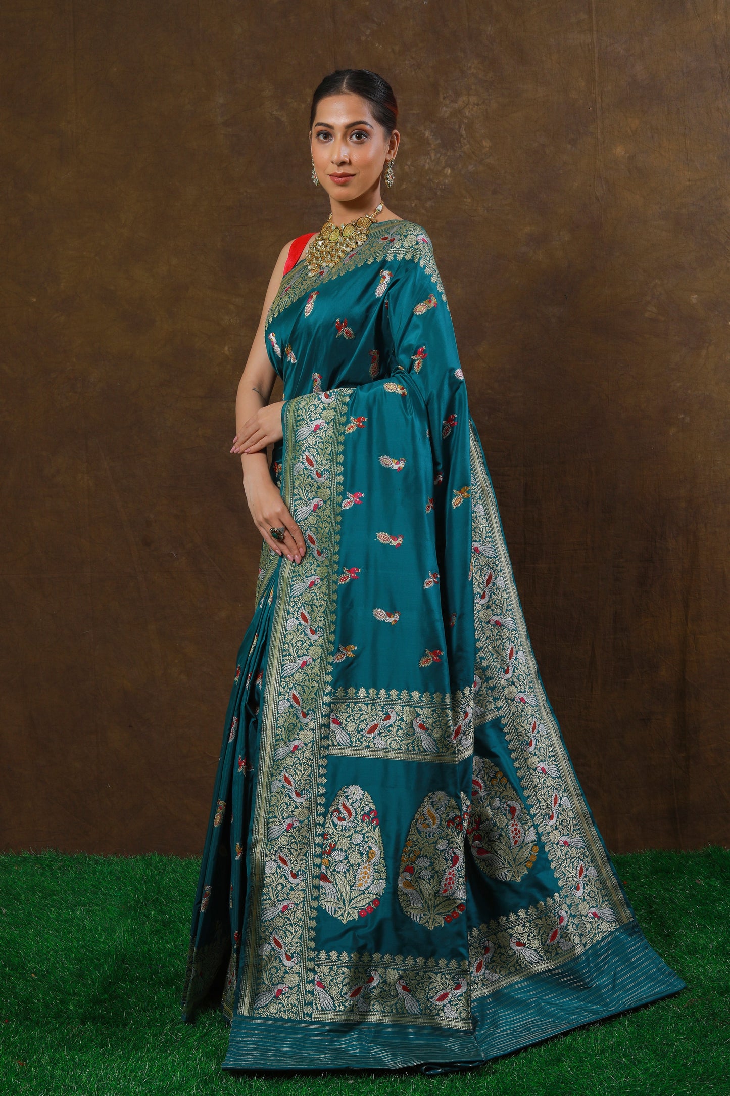 Teal Handwoven Kadwa Katan Silk Saree