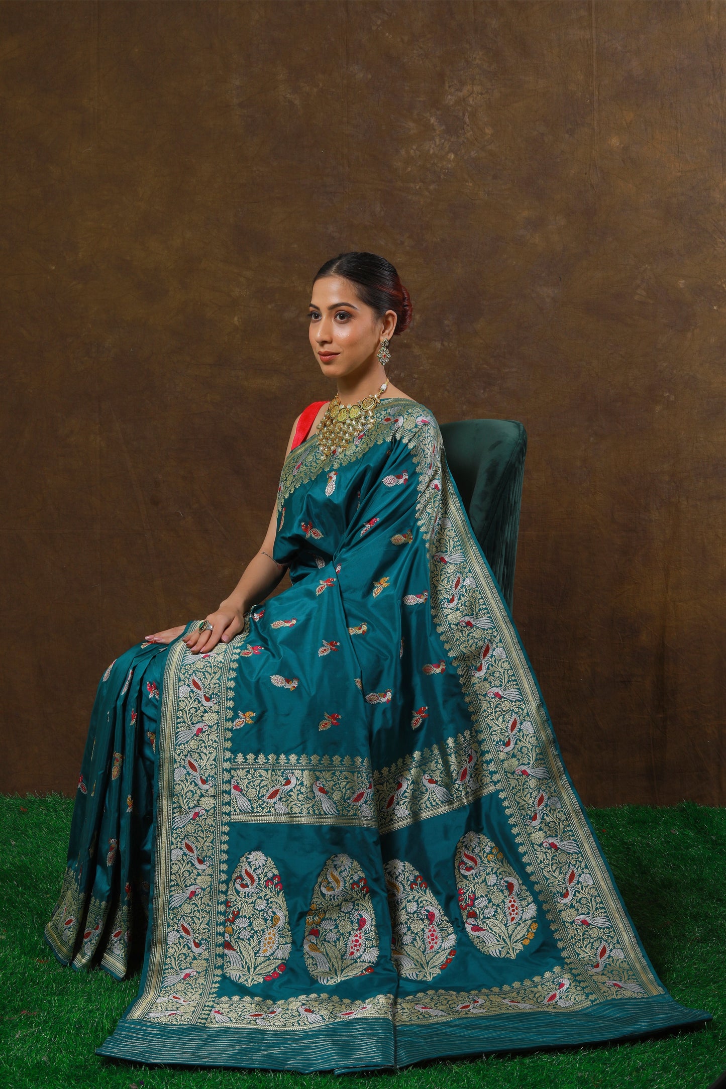 Teal Handwoven Kadwa Katan Silk Saree