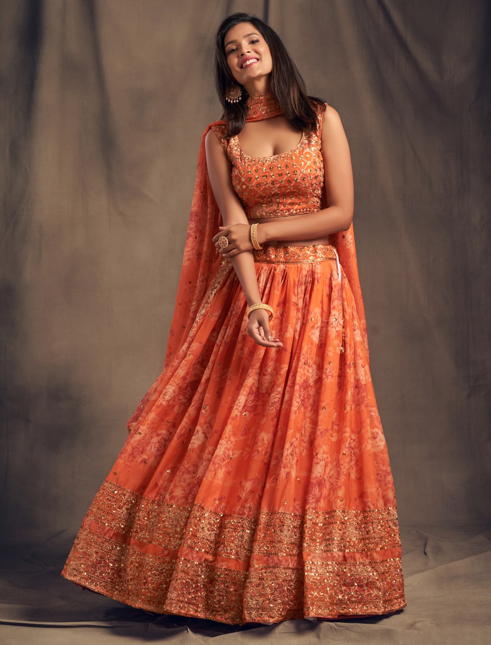Orange Color Sequins Zari Embroidery Lehenga