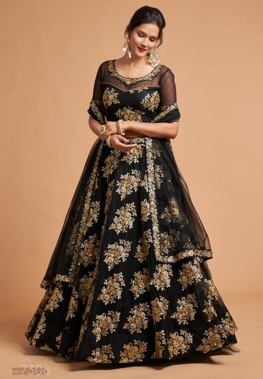 Black Color Soft Net Floral Embroidery Lehenga