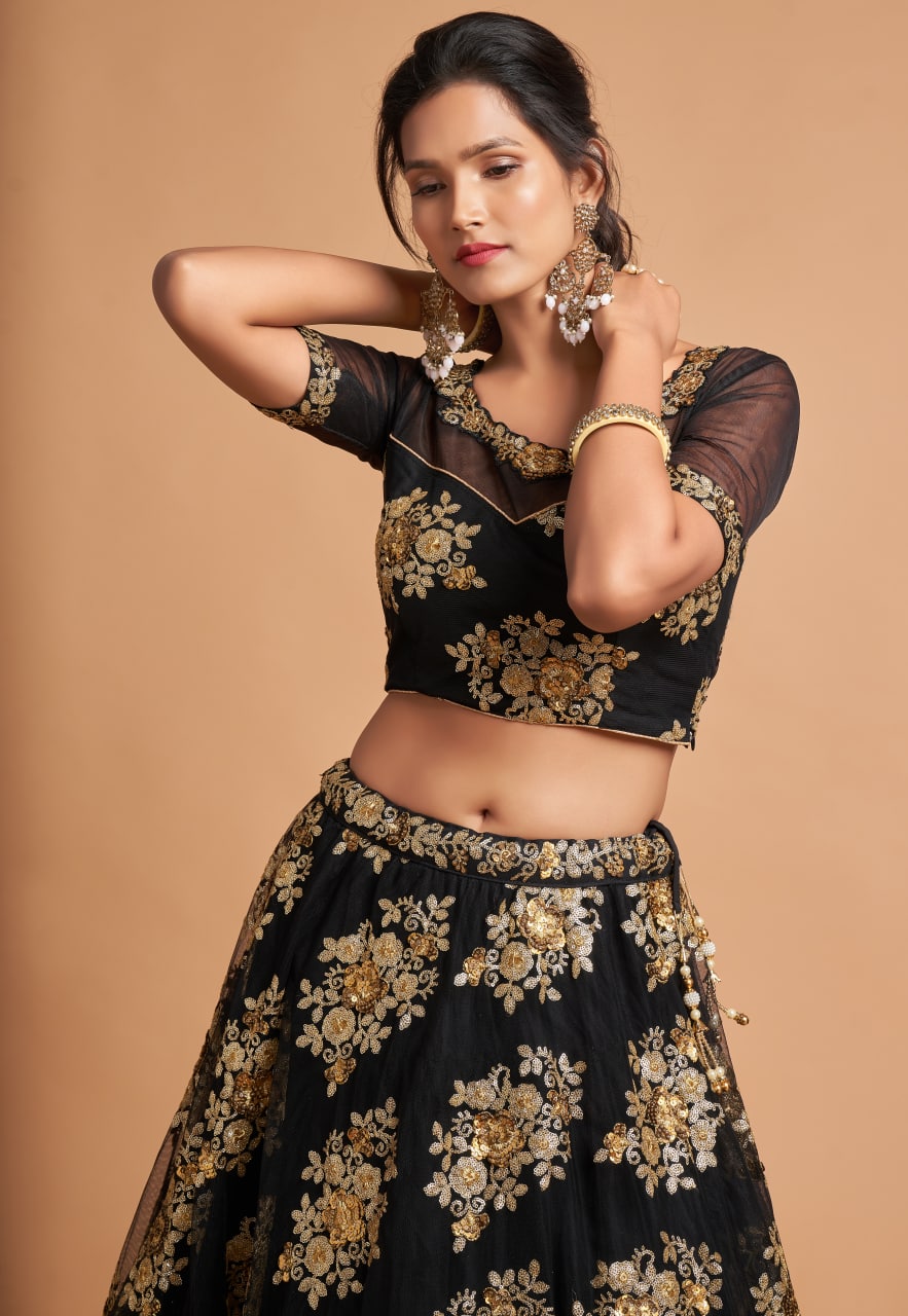 Black Color Soft Net Floral Embroidery Lehenga