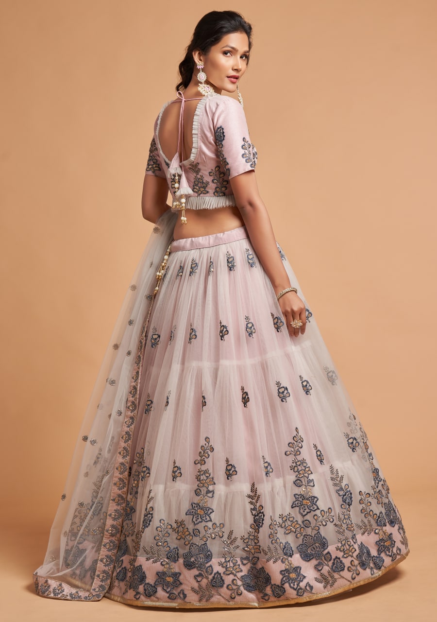 Grey Color Soft Net Zardozi Work Lehenga