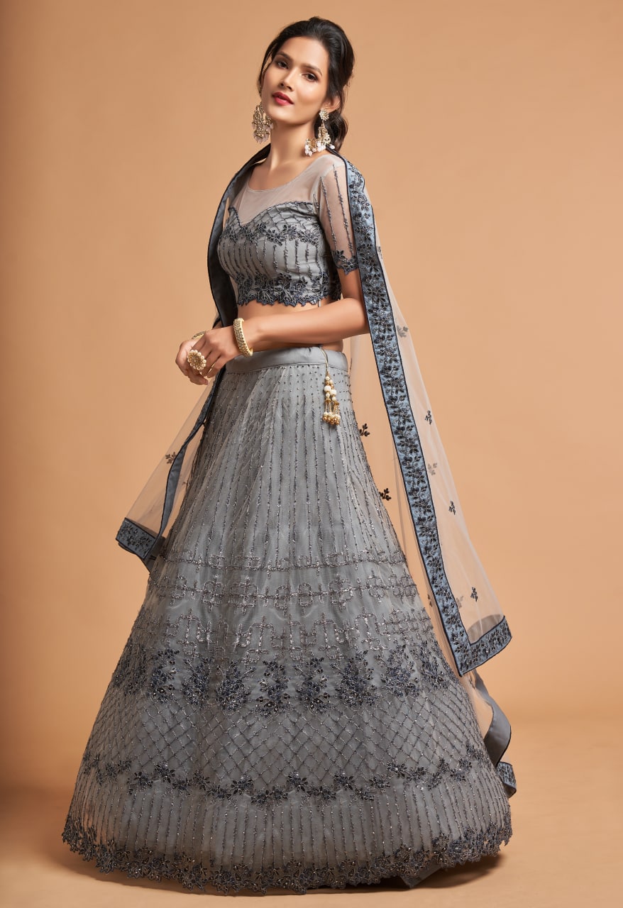 Grey Floral Designer Zari Embroidery Lehenga Choli