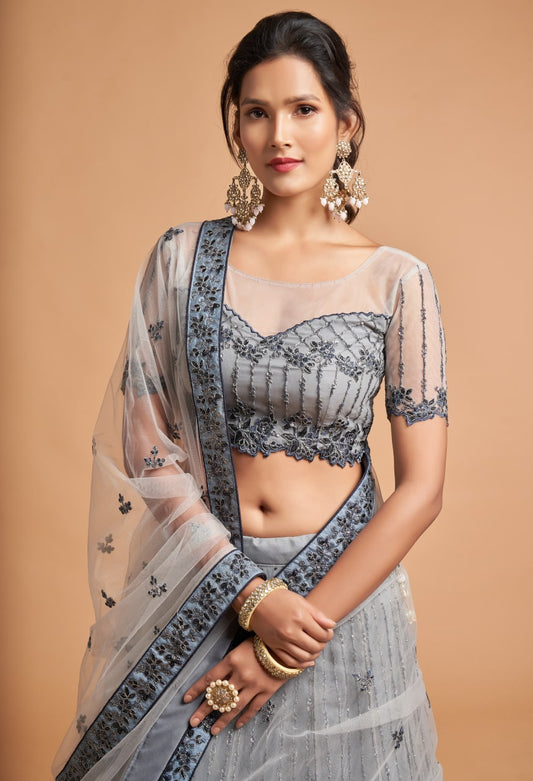 Grey Floral Designer Zari Embroidery Lehenga Choli