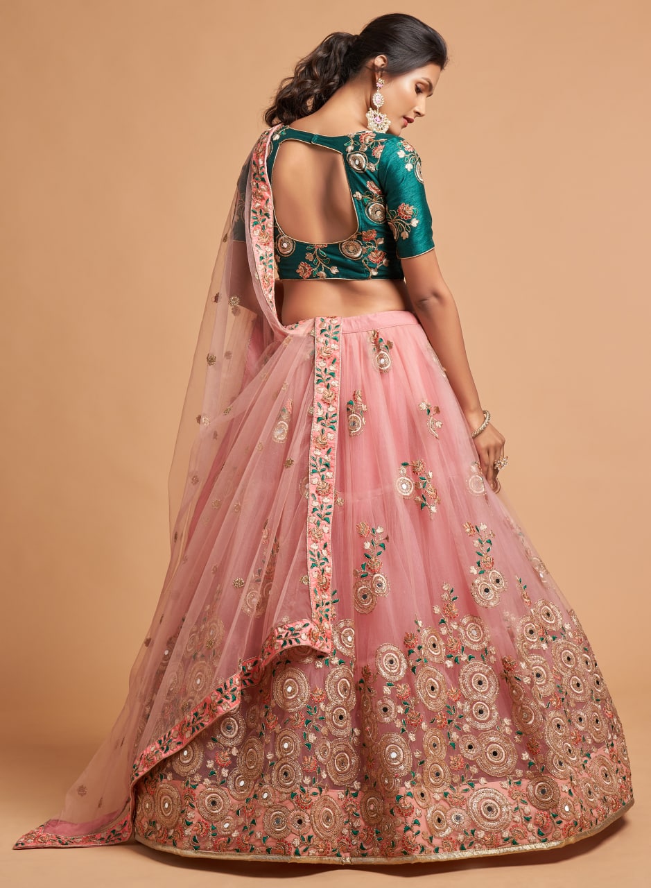 Peach Color Zari Embroidery Work Art Silk Lehenga