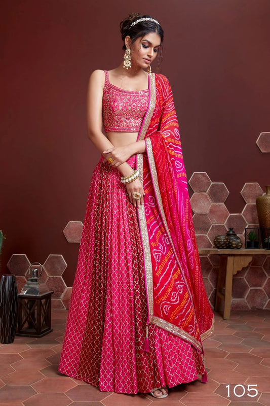 Pink and Maroon Chiffon Georgette Lehenga