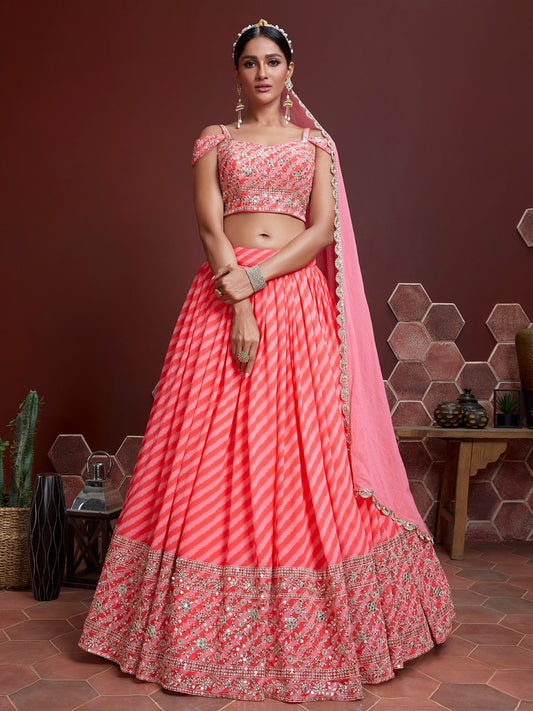 Pink Chiffon Leheriya Printed Lehenga