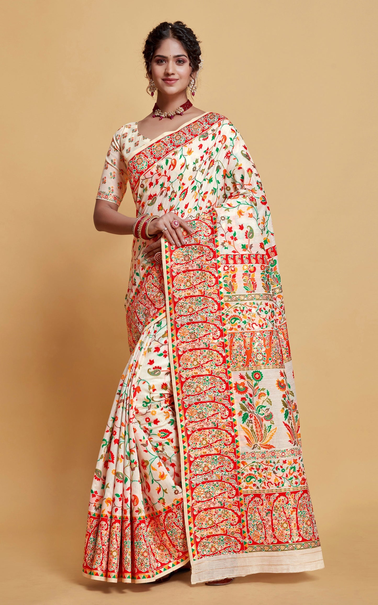 Kashmiri Handloom Modal Silk Woven Kani Saree In White, Red and Multicolored