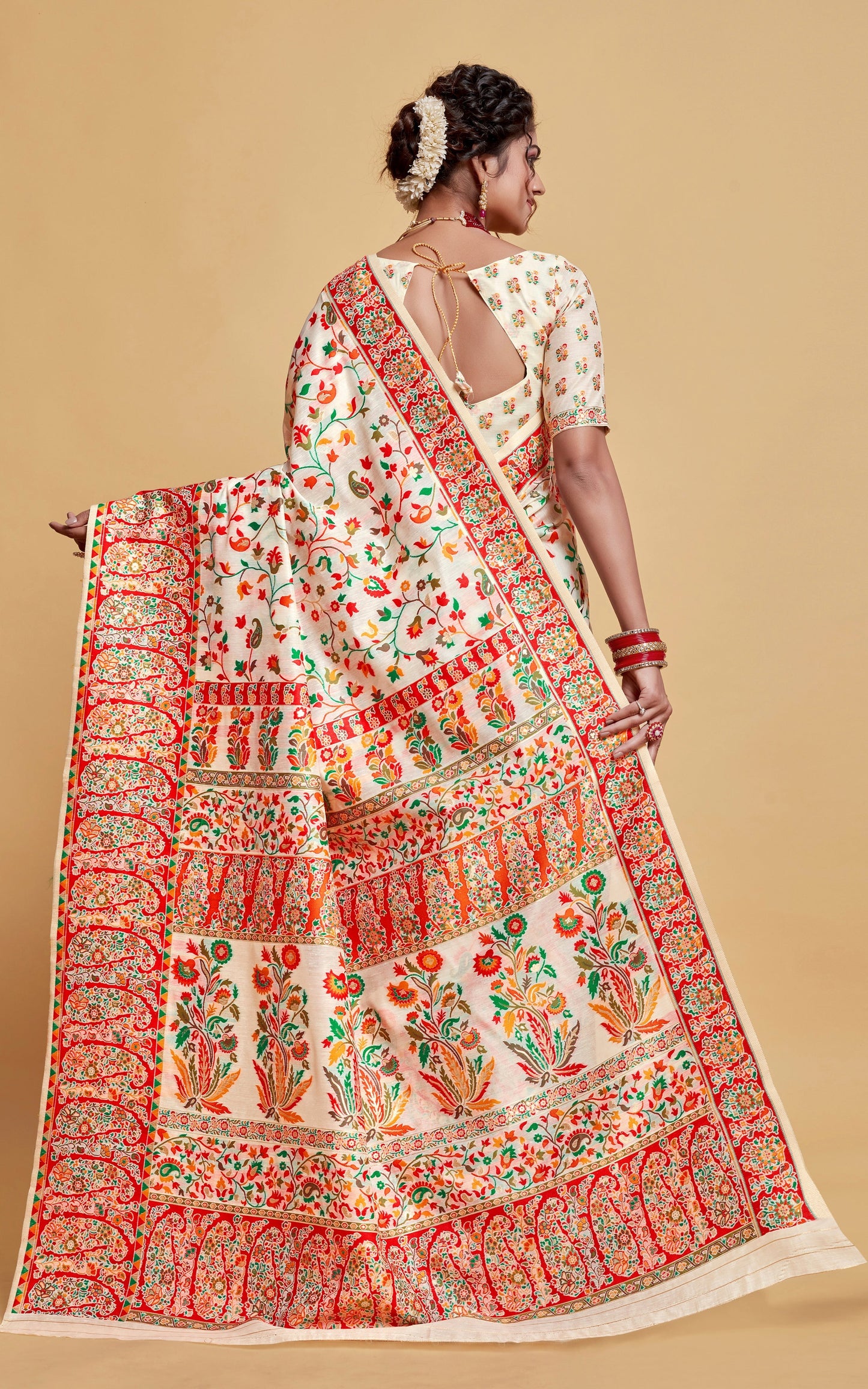 Kashmiri Handloom Modal Silk Woven Kani Saree In White, Red and Multicolored