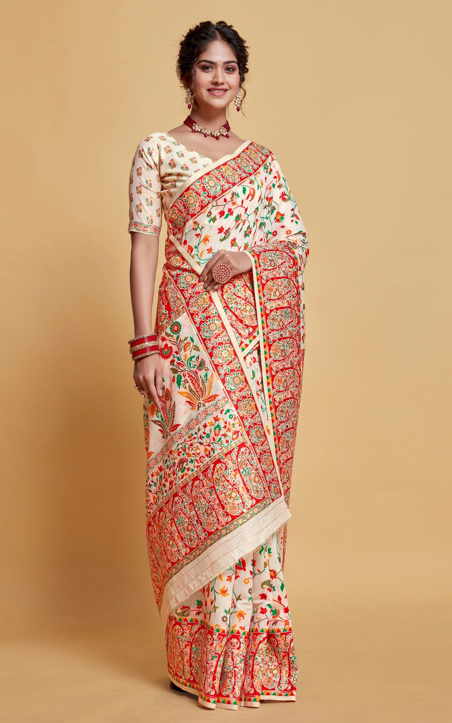 Kashmiri Handloom Modal Silk Woven Kani Saree In White, Red and Multicolored