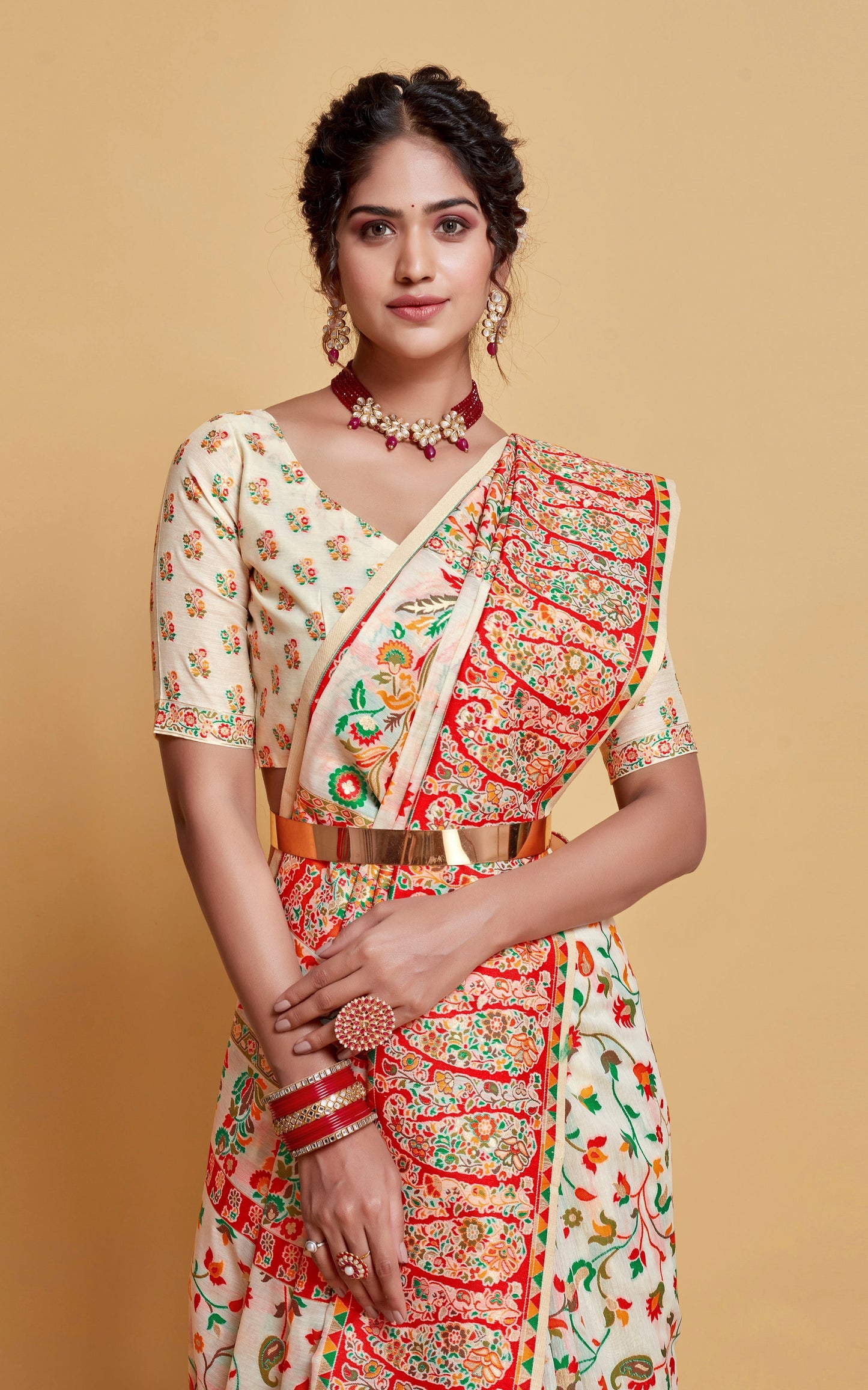 Kashmiri Handloom Modal Silk Woven Kani Saree In White, Red and Multicolored