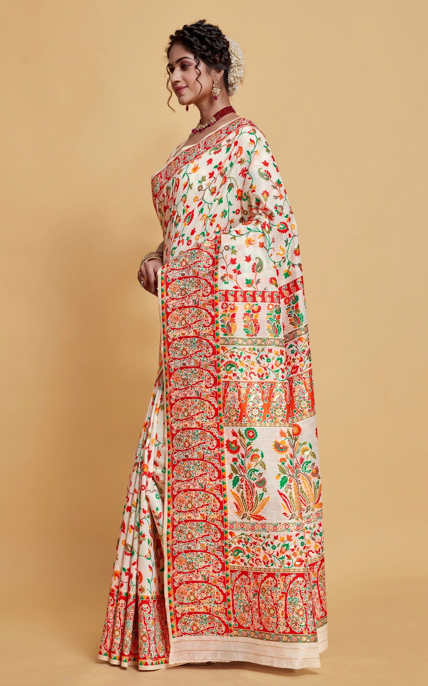 Kashmiri Handloom Modal Silk Woven Kani Saree In White, Red and Multicolored