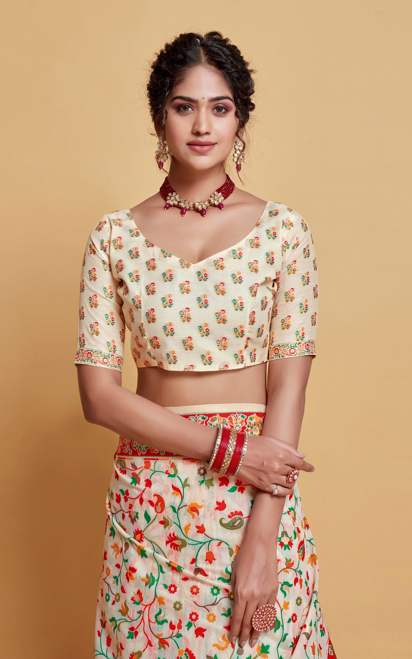 Kashmiri Handloom Modal Silk Woven Kani Saree In White, Red and Multicolored