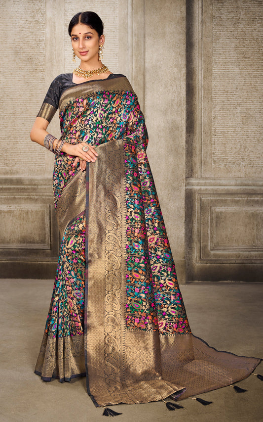 Woven Pashmina Silk Saree In Black with Antique Gold and Multicolored Minakari Thread Work