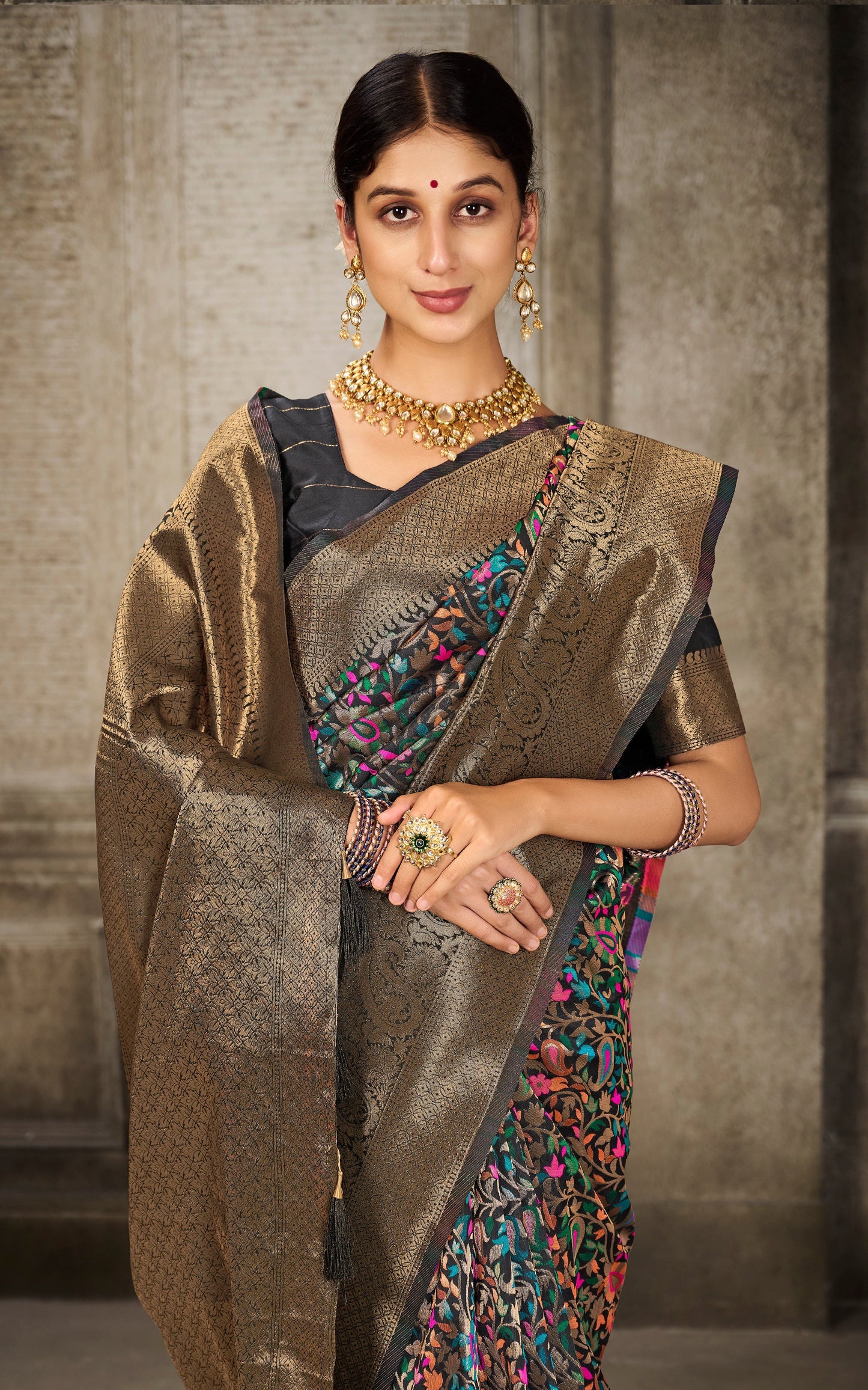 Woven Pashmina Silk Saree In Black with Antique Gold and Multicolored Minakari Thread Work
