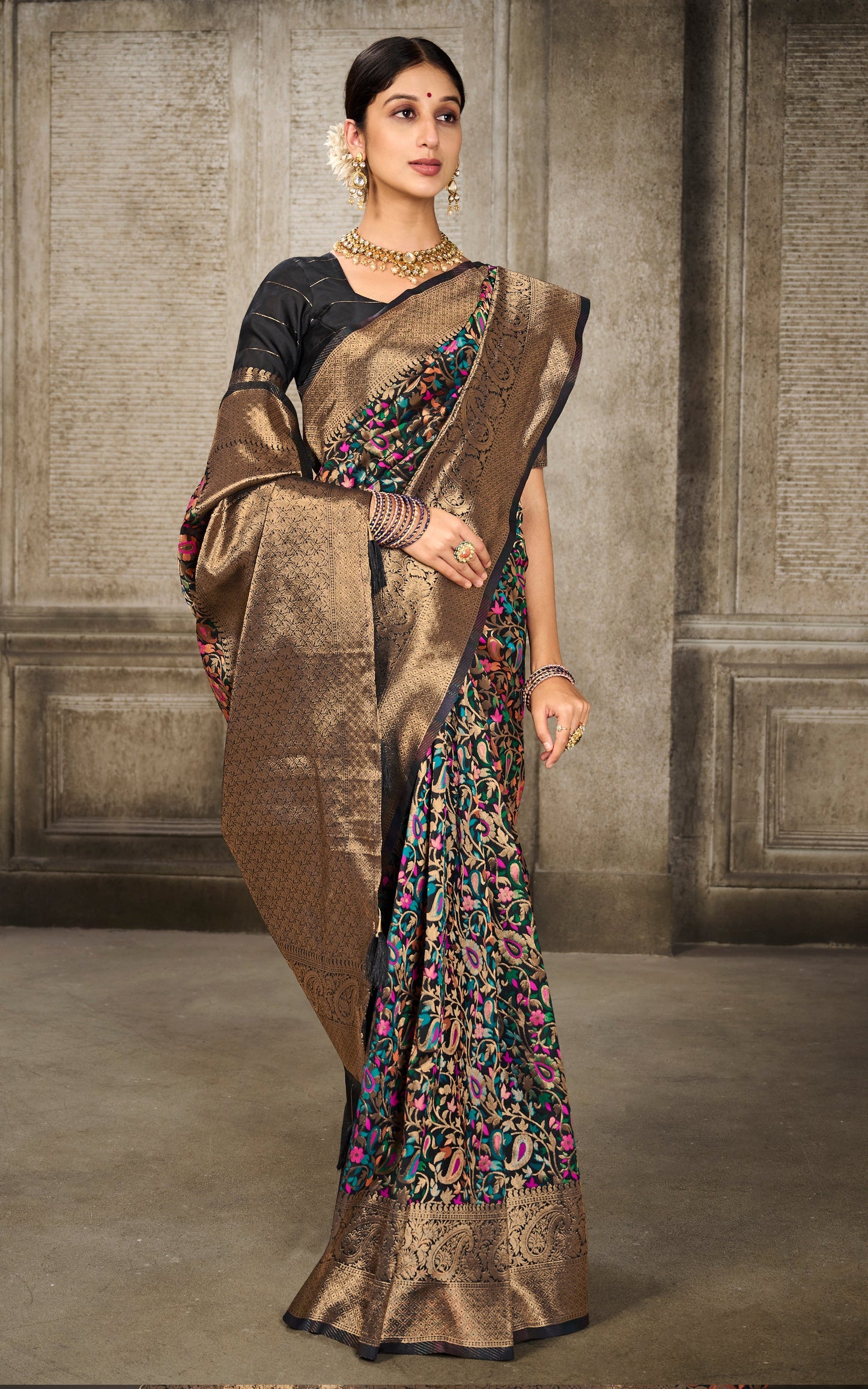 Woven Pashmina Silk Saree In Black with Antique Gold and Multicolored Minakari Thread Work