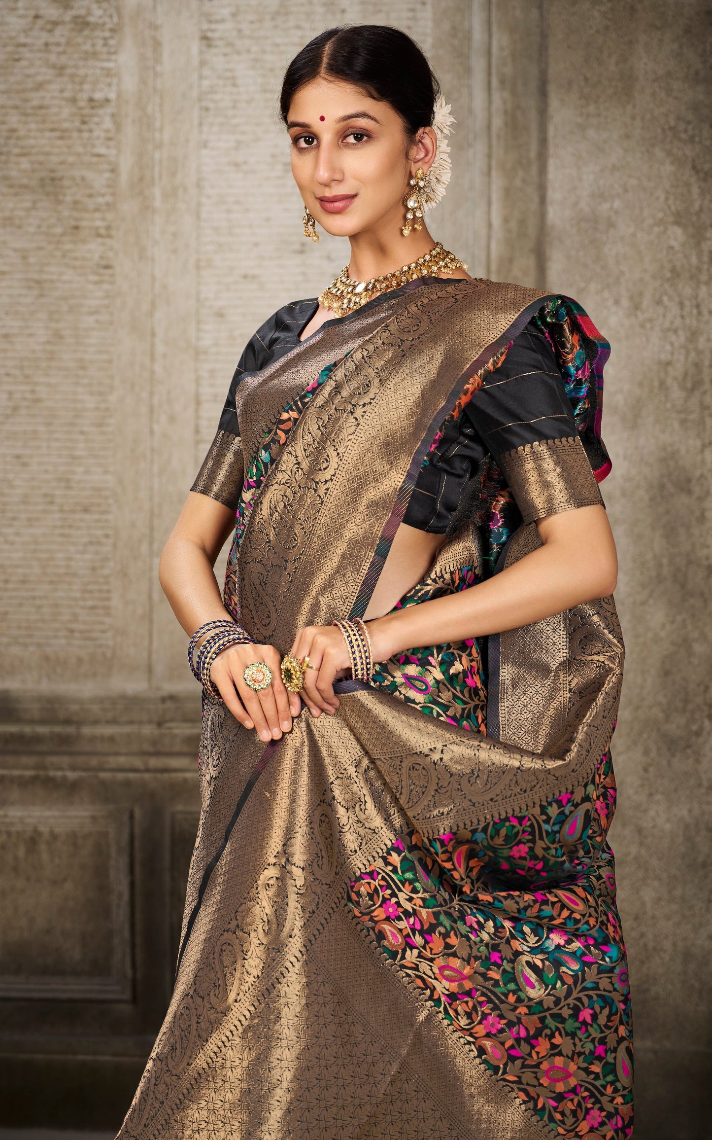 Woven Pashmina Silk Saree In Black with Antique Gold and Multicolored Minakari Thread Work