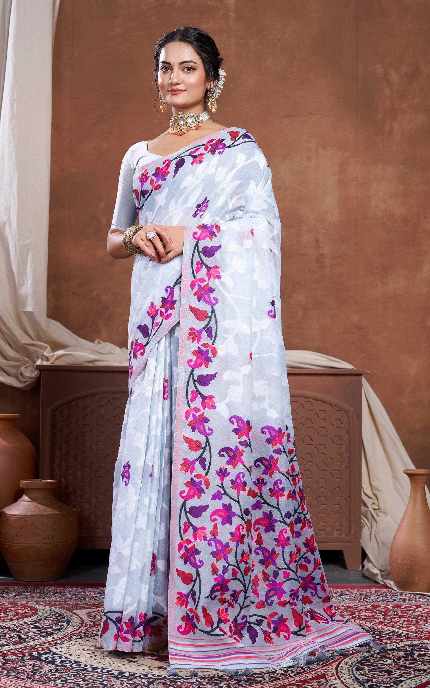 Tantuja Inspired Traditional Woven Floral Nakshi Soft Jamdani Saree in Light Gray, Off White and Multicolored