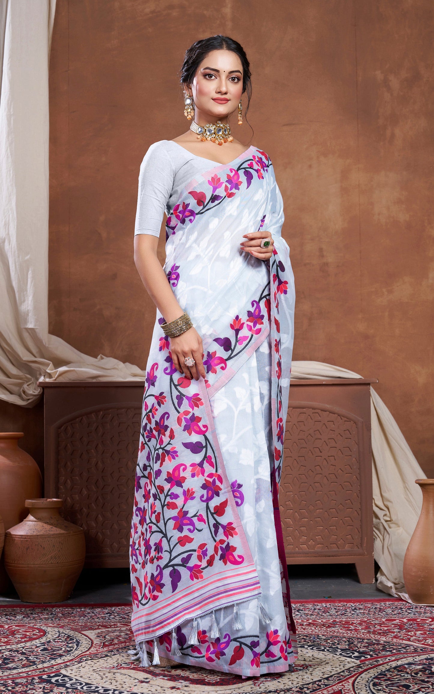 Tantuja Inspired Traditional Woven Floral Nakshi Soft Jamdani Saree in Light Gray, Off White and Multicolored
