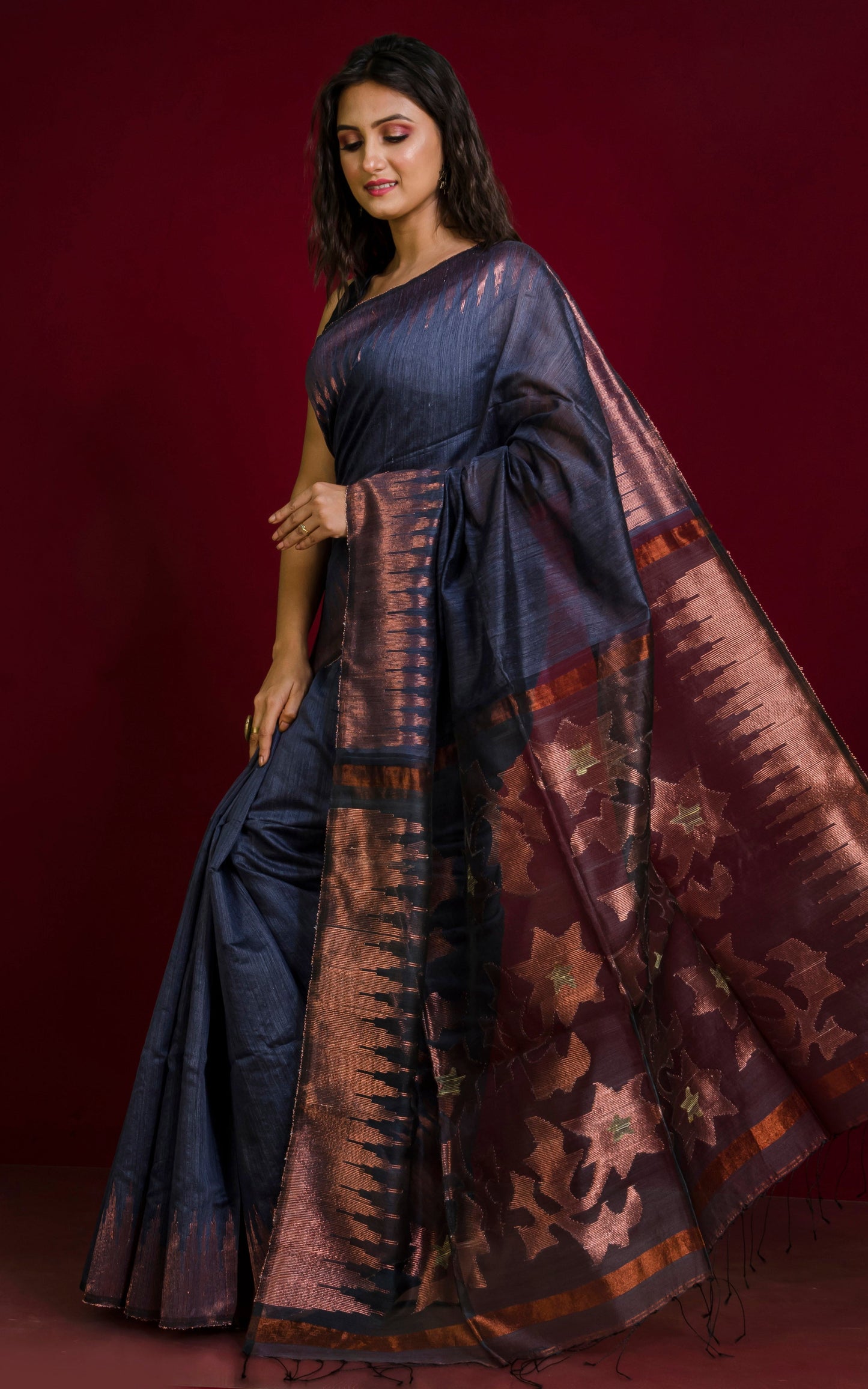 Crowned Temple Border Matka Tussar Silk Jamdani Saree in Slate Grey and Copper Zari Work