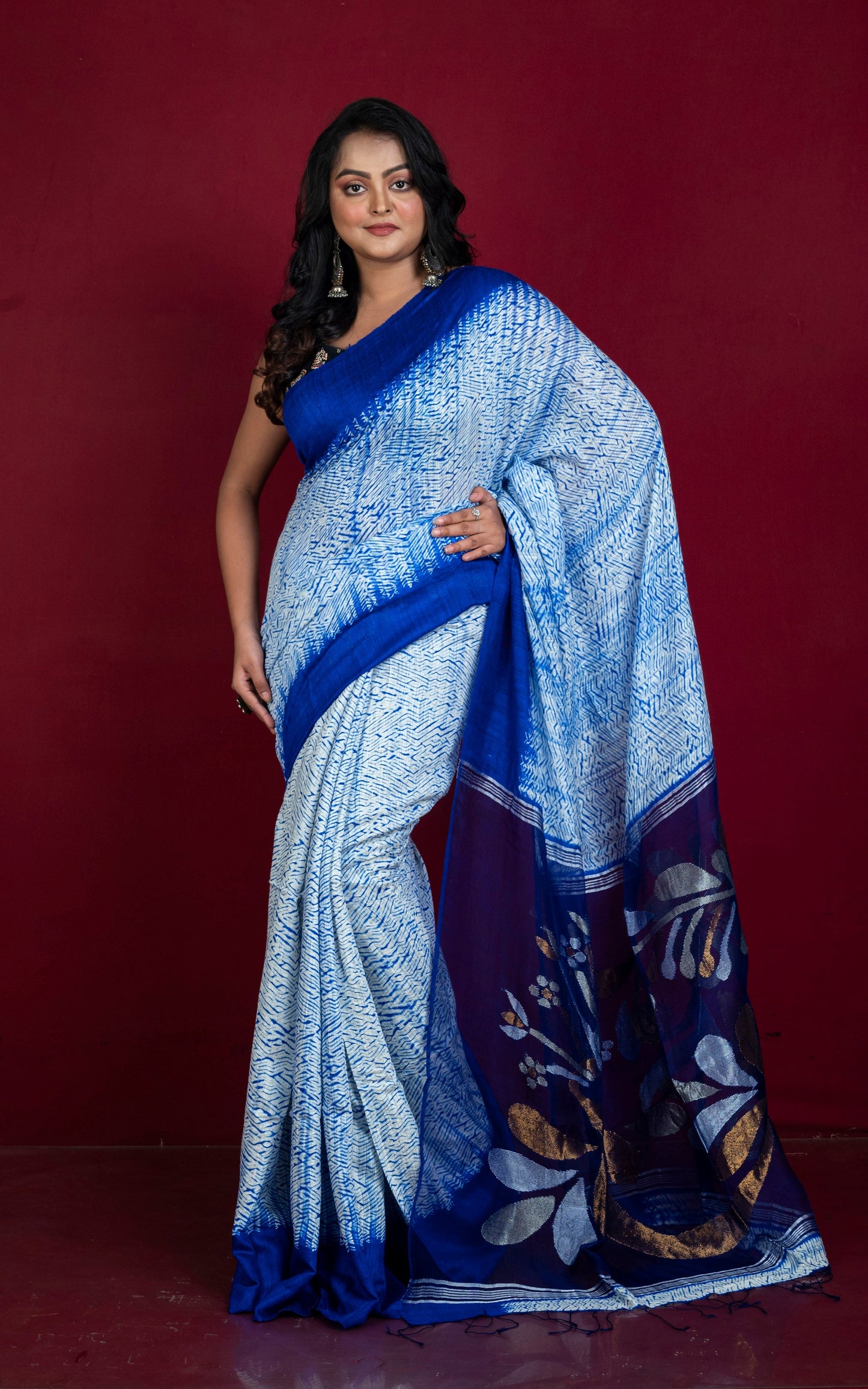 Tussar Shibori Matka Jamdani Saree in Off White, Royal Blue with Copper and Silver Zari Work
