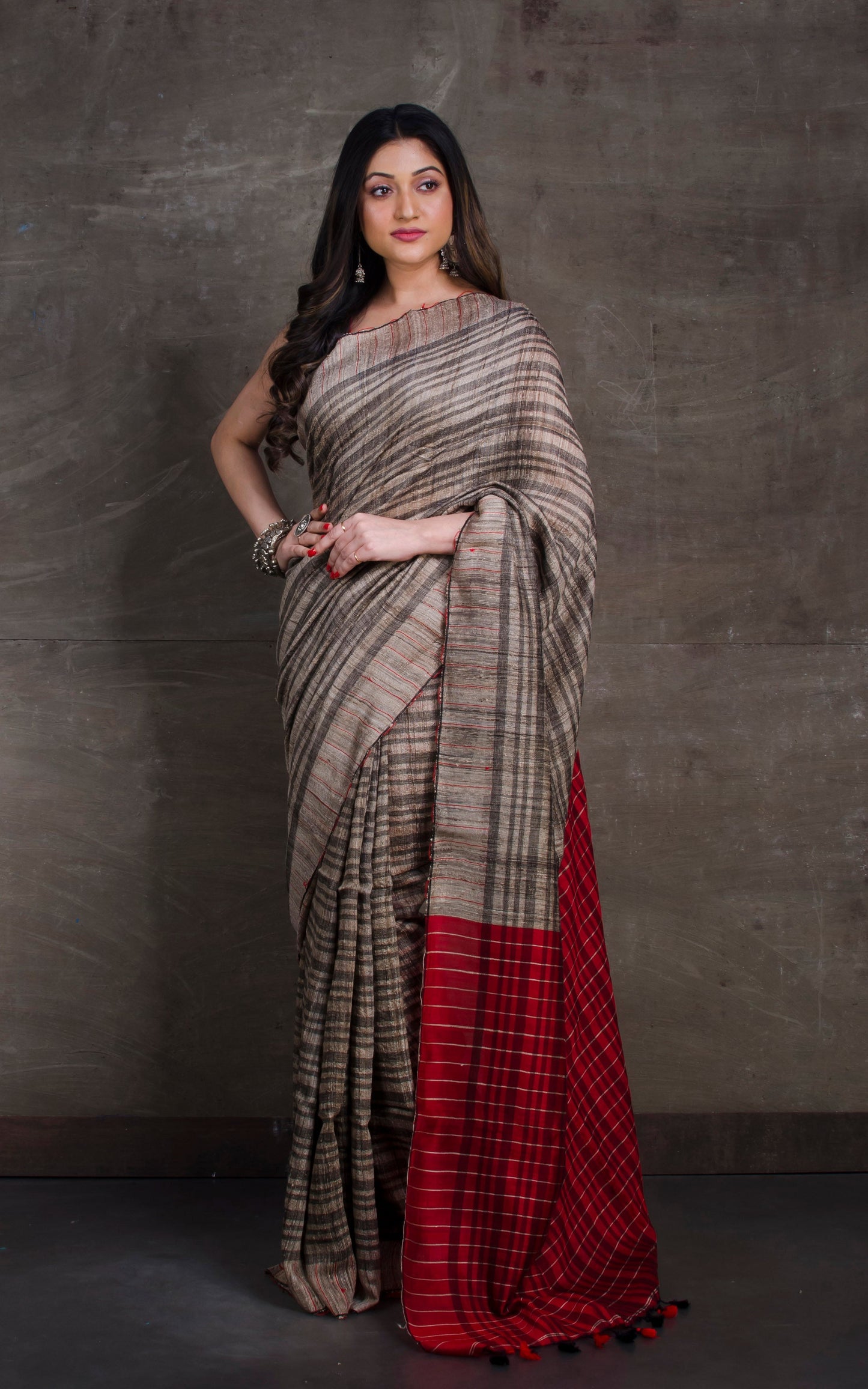 Soft Ketia Tussar Silk Saree in Beige, Black and Dark Red