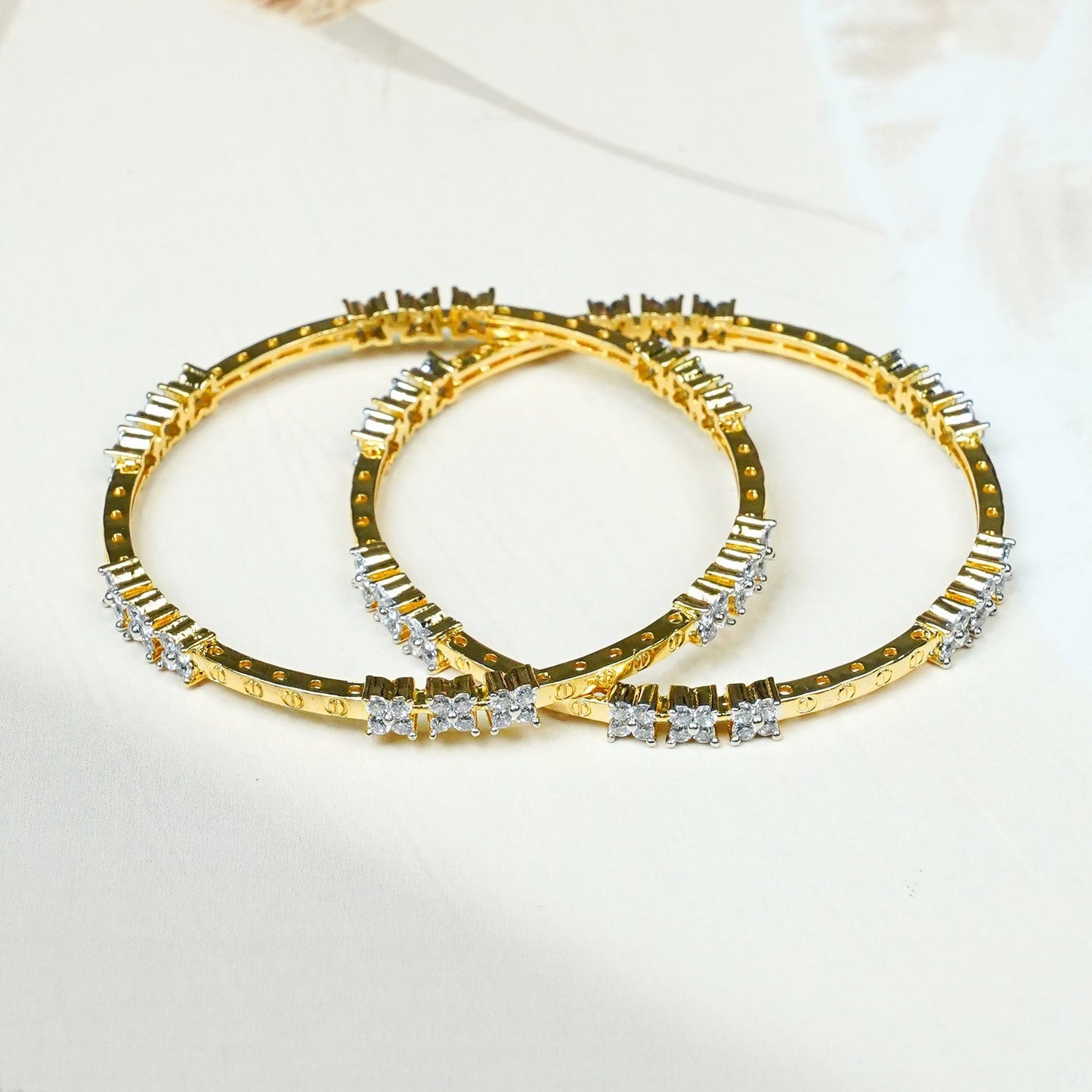 Zevar Club Set of 2 22K Gold-Plated Handcrafted AAA Cubic Zirconia Floral Cluster Premium Bangles
