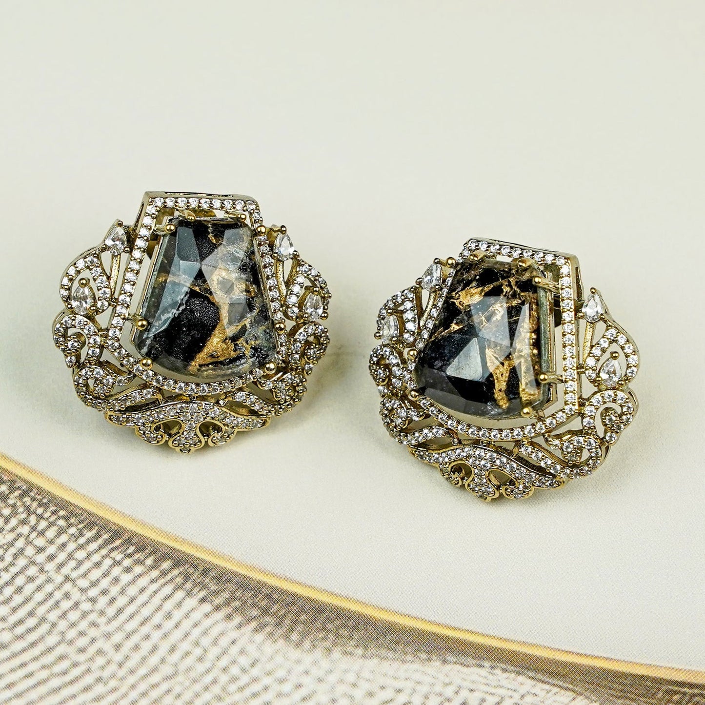 Zevar Club Gold-Tone Smoky Black Stone & AAA Cubic Zirconia Statement Stud Earrings