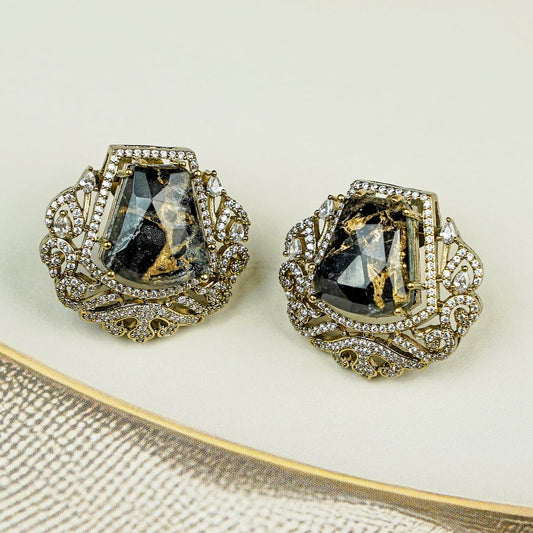 Zevar Club Gold-Tone Smoky Black Stone & AAA Cubic Zirconia Statement Stud Earrings