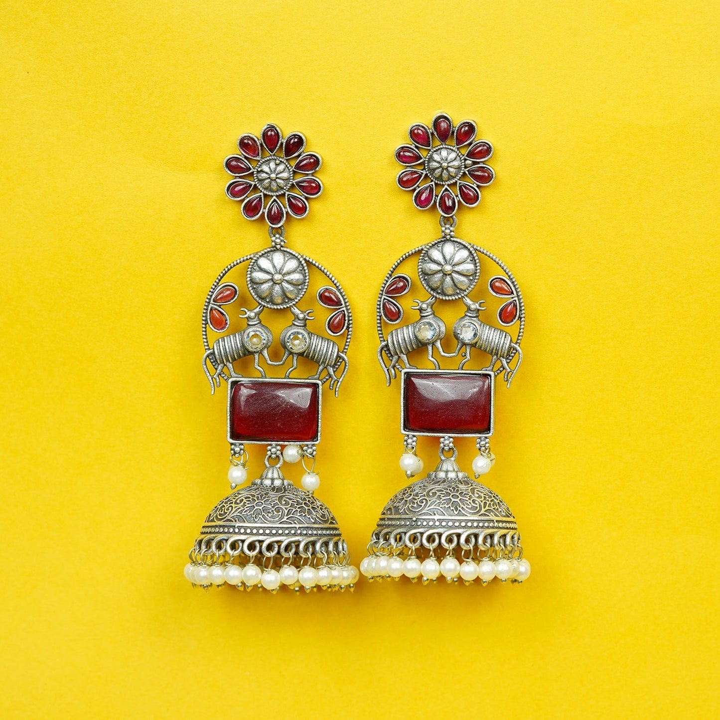 Zevar Club Oxidised Silver-Plated Ruby Pink Stone & Pearl Beaded Floral Jhumkis Earrings
