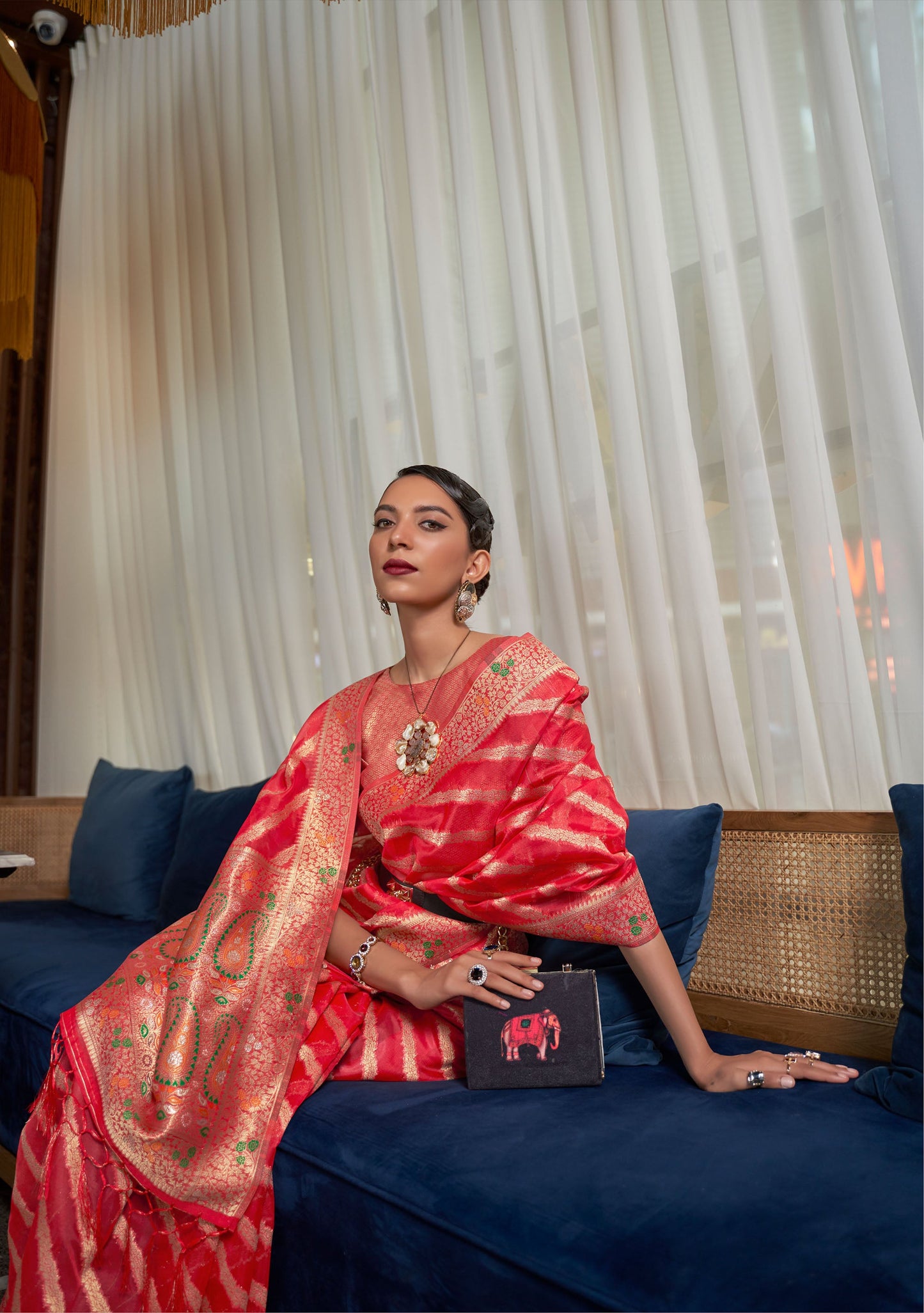Red Kahana Organza Meenakari Saree