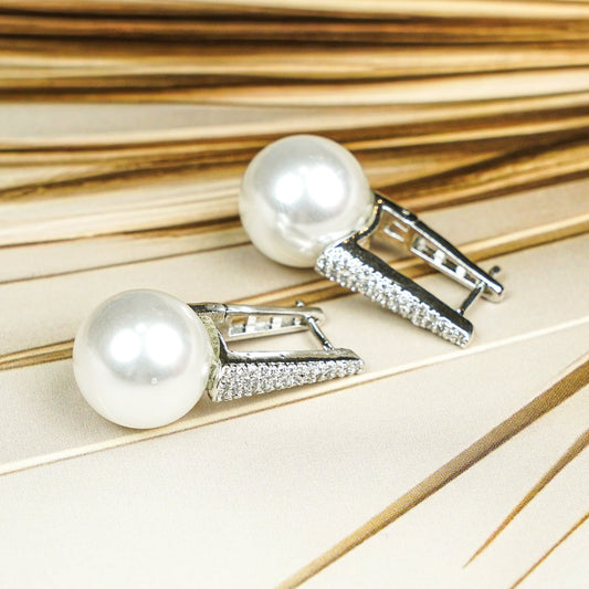Zevar Club Rhodium-Plated Handcrafted Pointed Cubic Zirconia Top & Glossy Pearl Drop Earrings