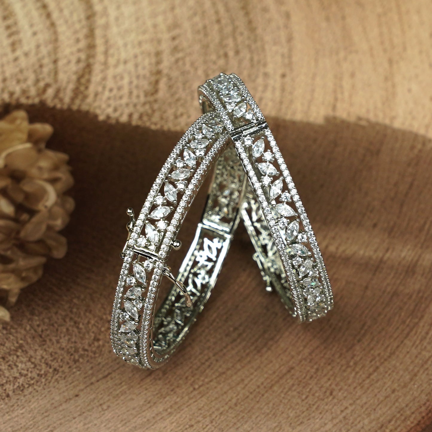 Zevar Club Set of 2 Rhodium-Plated Handcrafted AAA Cubic Zirconia Vine Motif Studded Premium Screw Adjustable Bangles