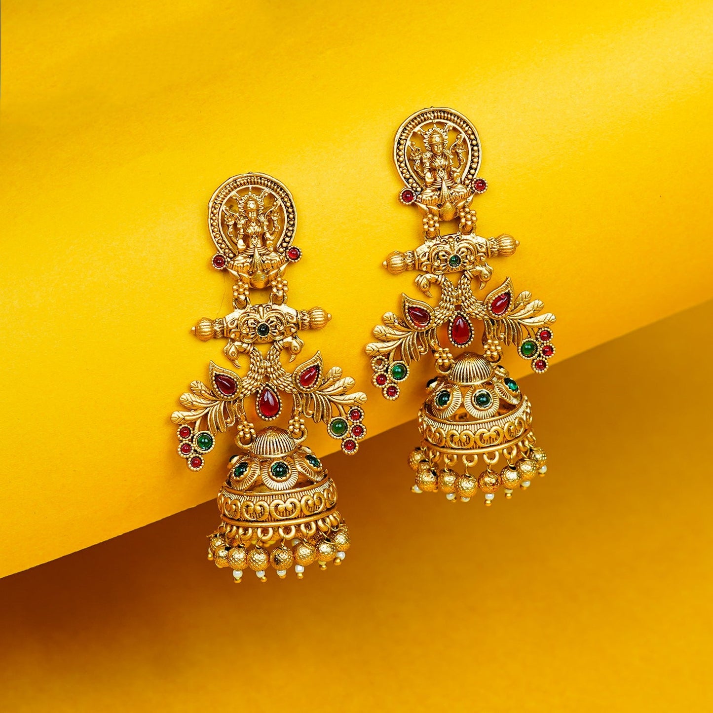 Zevar Club 22K Gold-Plated Lakshmi Motif Temple Jhumka Earrings with Red & Green Stones Accents