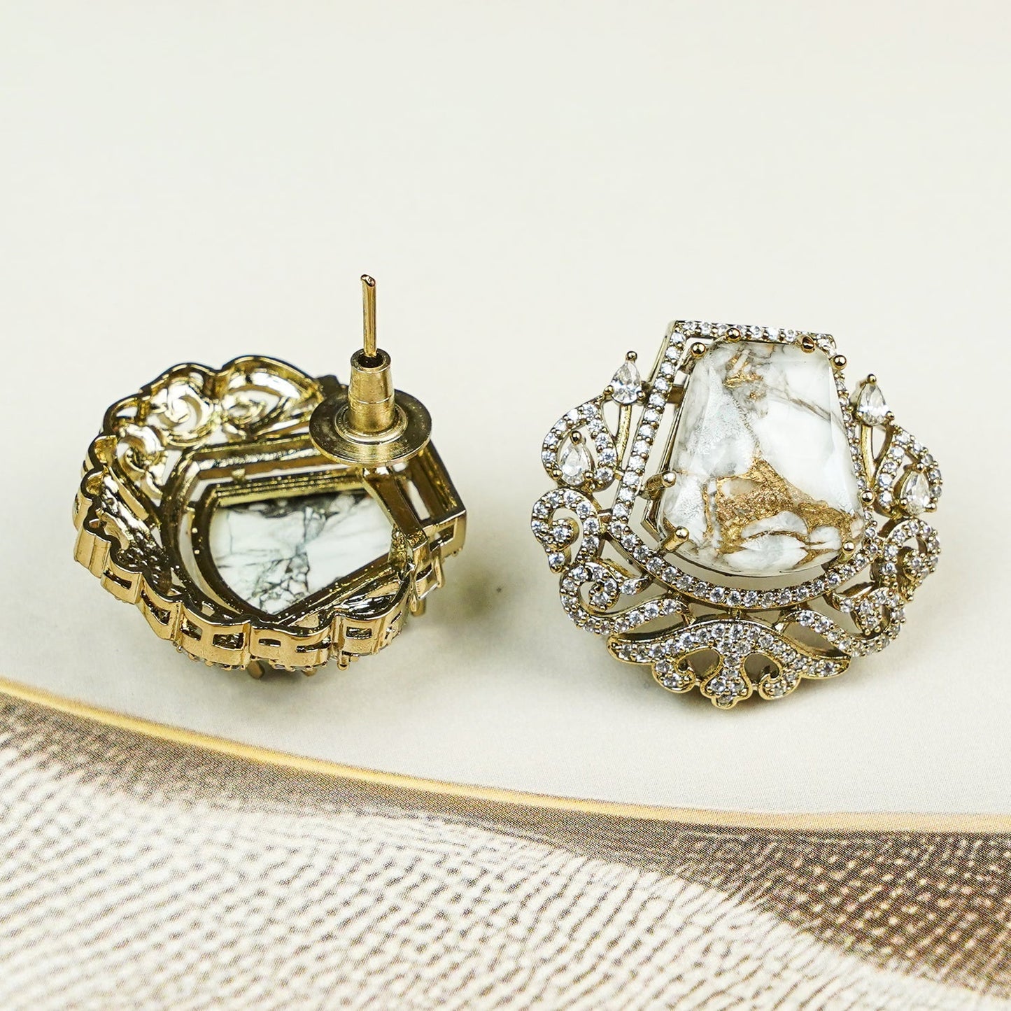 Zevar Club Rhodium-Plated Marble-Effect White Gemstone & AAA Cubic Zirconia Statement Stud Earrings