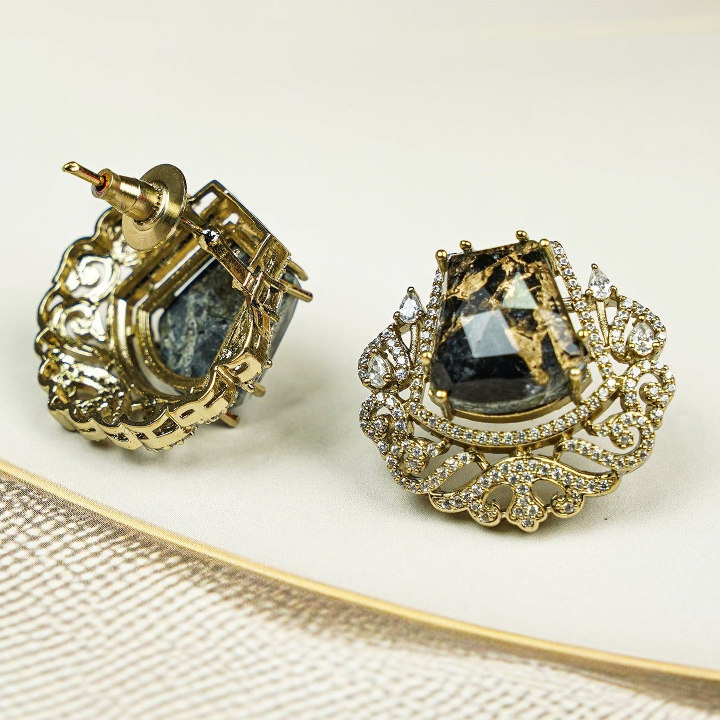 Zevar Club Gold-Tone Smoky Black Stone & AAA Cubic Zirconia Statement Stud Earrings