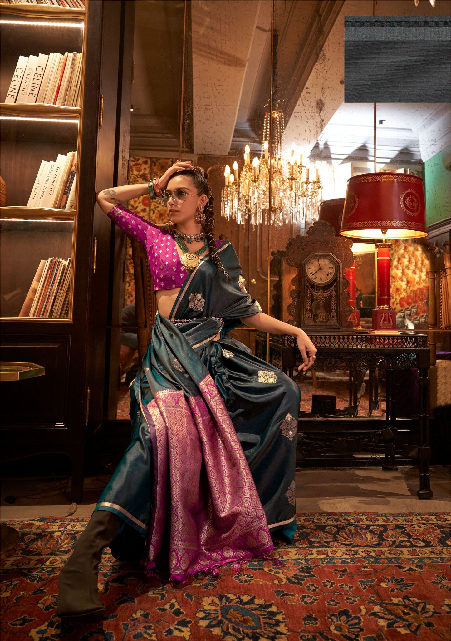 Forest Green Kanthkala Luxe Satin Handloom saree