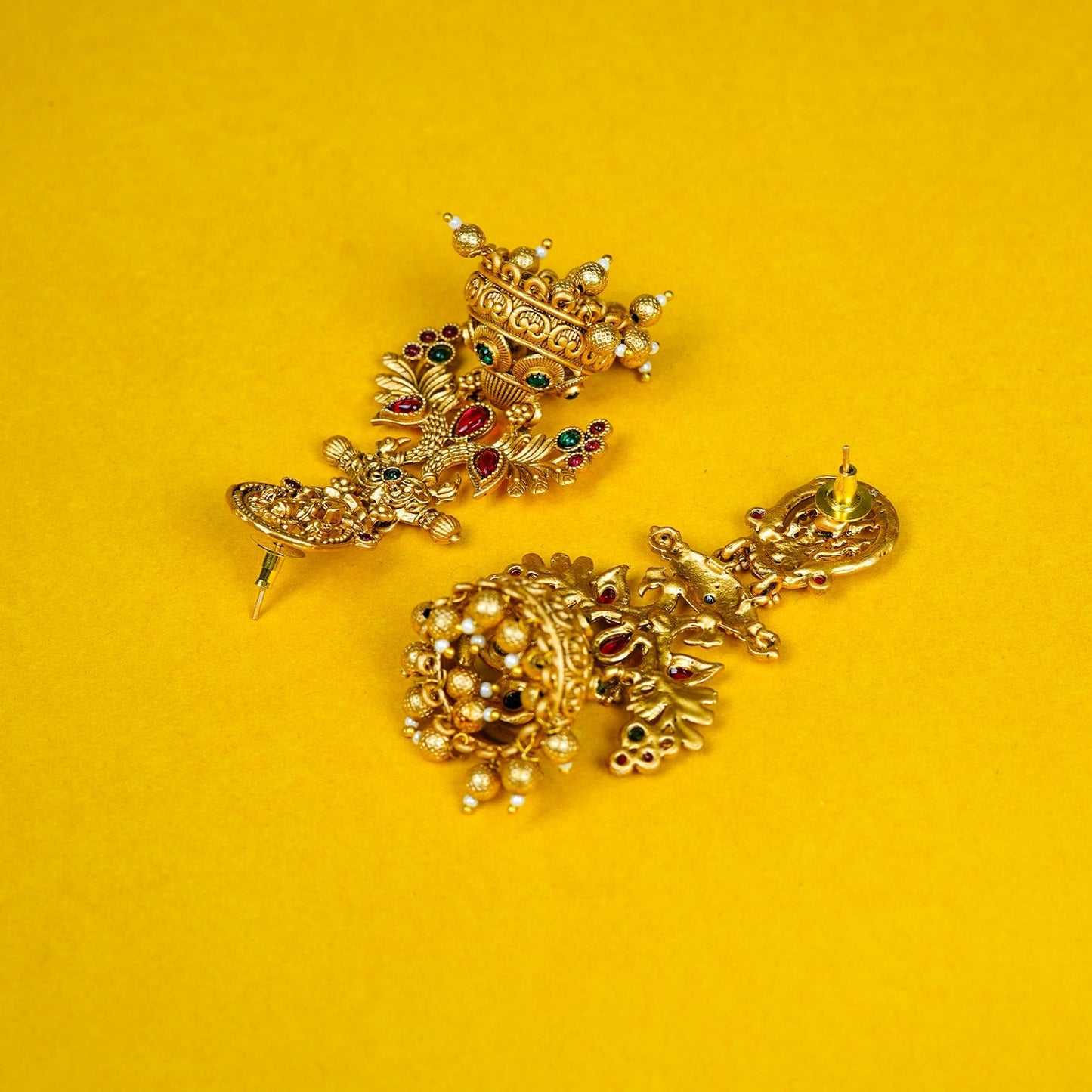 Zevar Club 22K Gold-Plated Lakshmi Motif Temple Jhumka Earrings with Red & Green Stones Accents