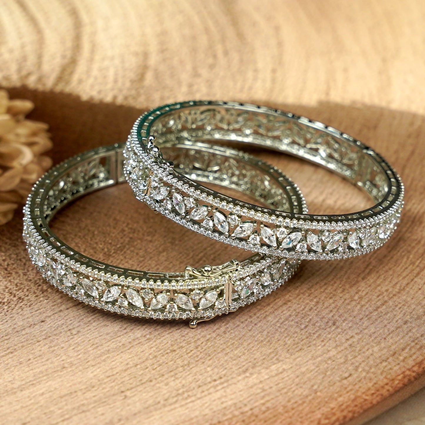 Zevar Club Set of 2 Rhodium-Plated Handcrafted AAA Cubic Zirconia Vine Motif Studded Premium Screw Adjustable Bangles