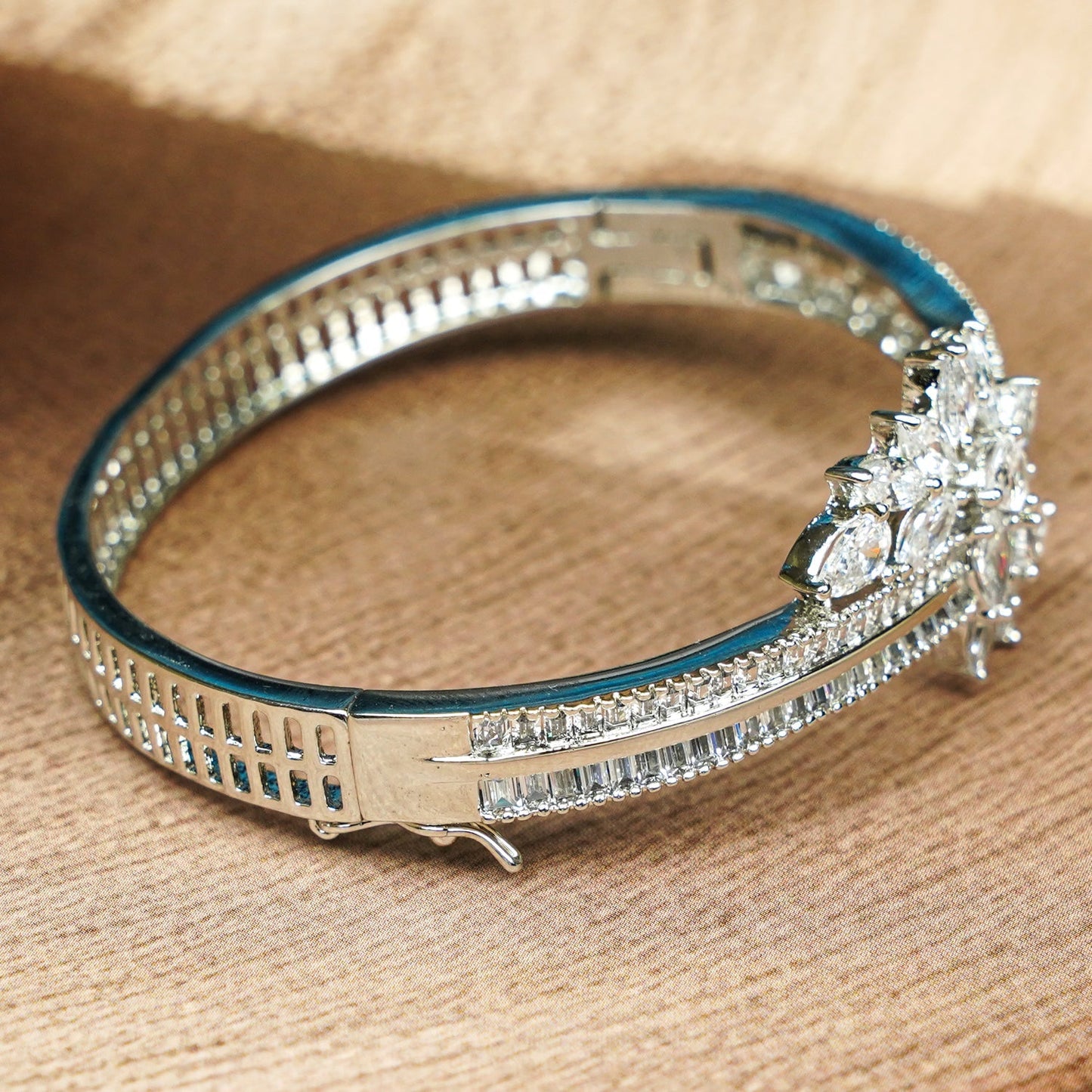 Zevar Club 22K Gold-Plated Floral Cluster Handcrafted AAA CZ Studded Baguette-Lined Openable Bracelet