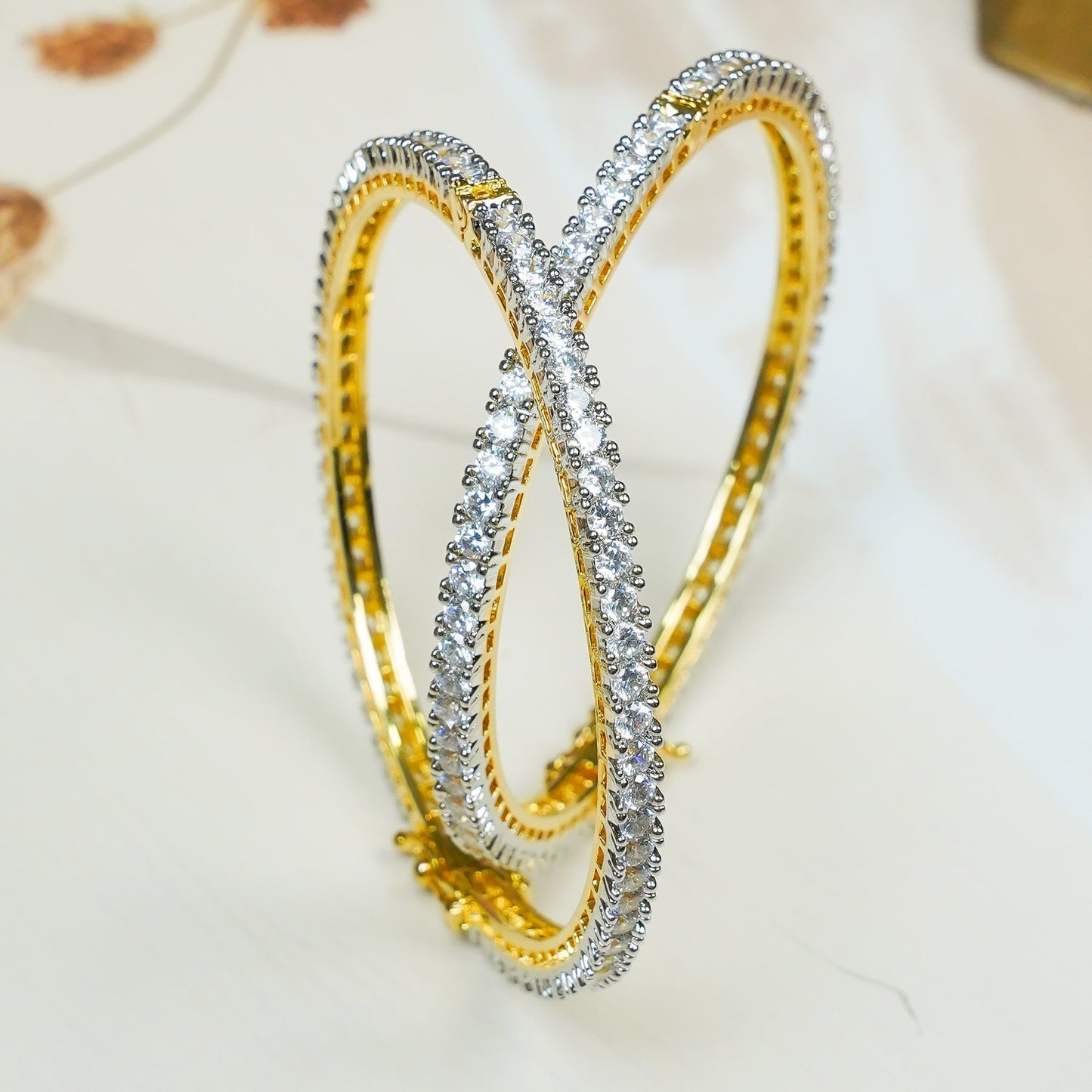 Zevar Club Set of 2 Rhodium-Plated AAA Cubic Zirconia Studded Classic Premium Screw Adjustable Bangles