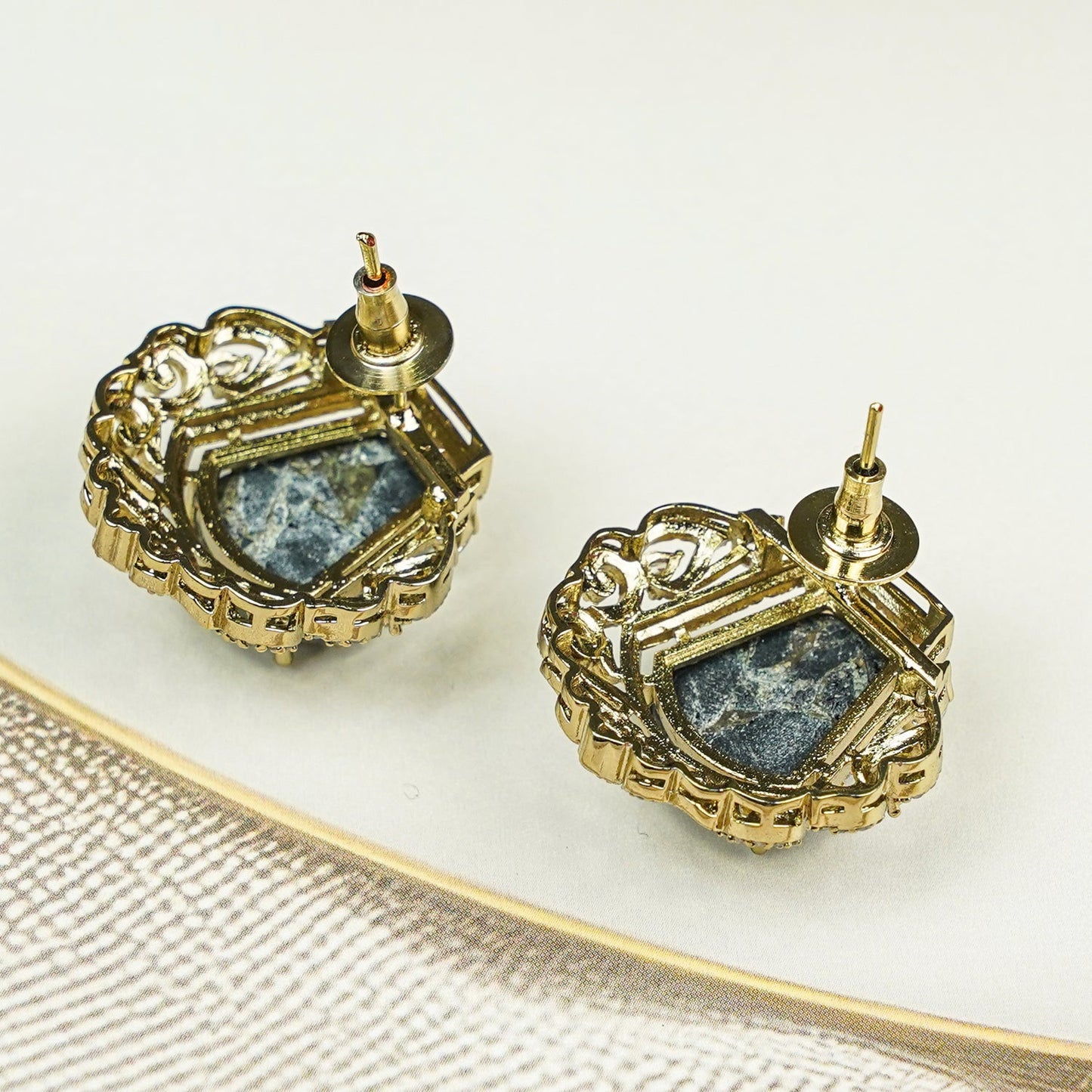 Zevar Club Gold-Tone Smoky Black Stone & AAA Cubic Zirconia Statement Stud Earrings