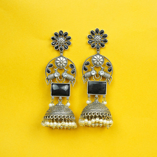 Zevar Club Oxidised Silver-Plated Black Stone & Pearl Beaded Jhumkis Earrings