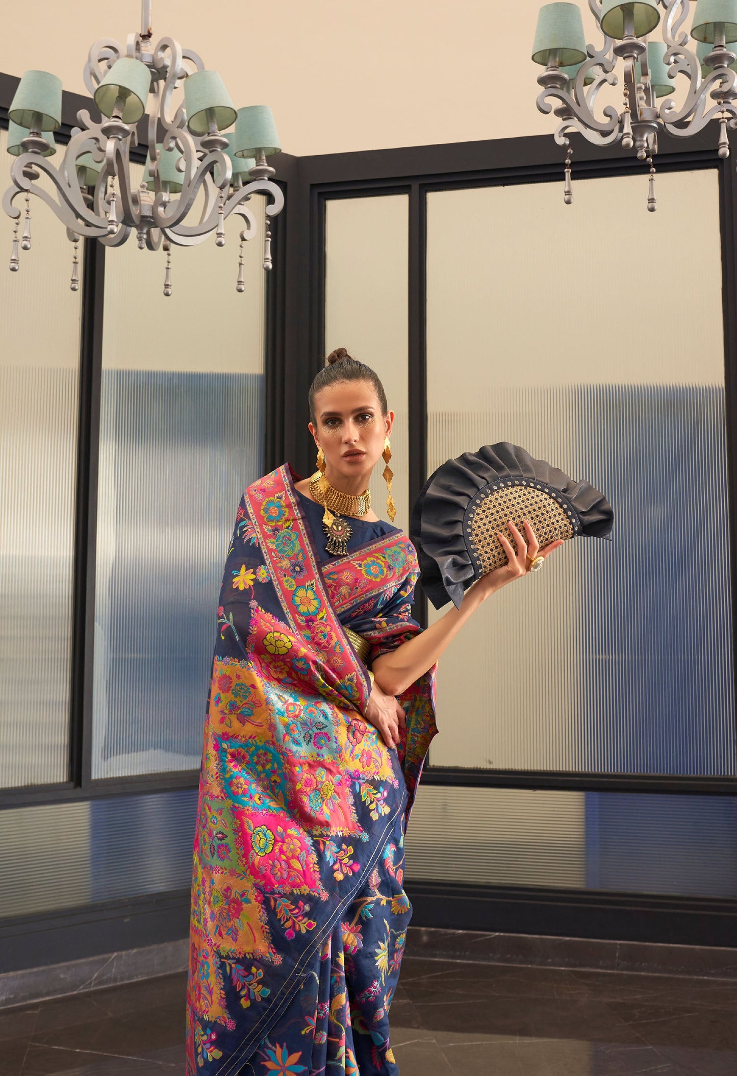 Navy Blue Kabira Kashmiri Modal Handloom Silk Saree