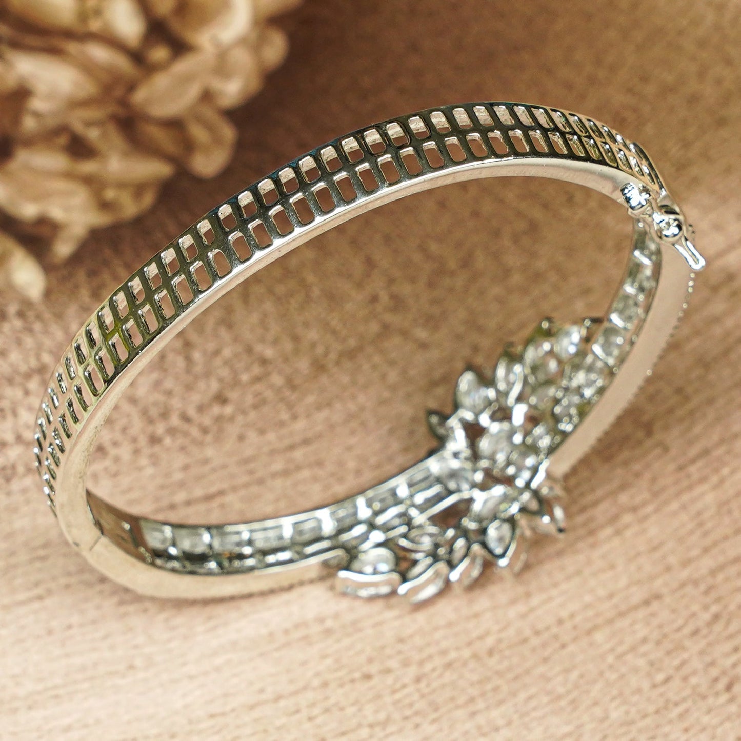 Zevar Club 22K Gold-Plated Floral Cluster Handcrafted AAA CZ Studded Baguette-Lined Openable Bracelet