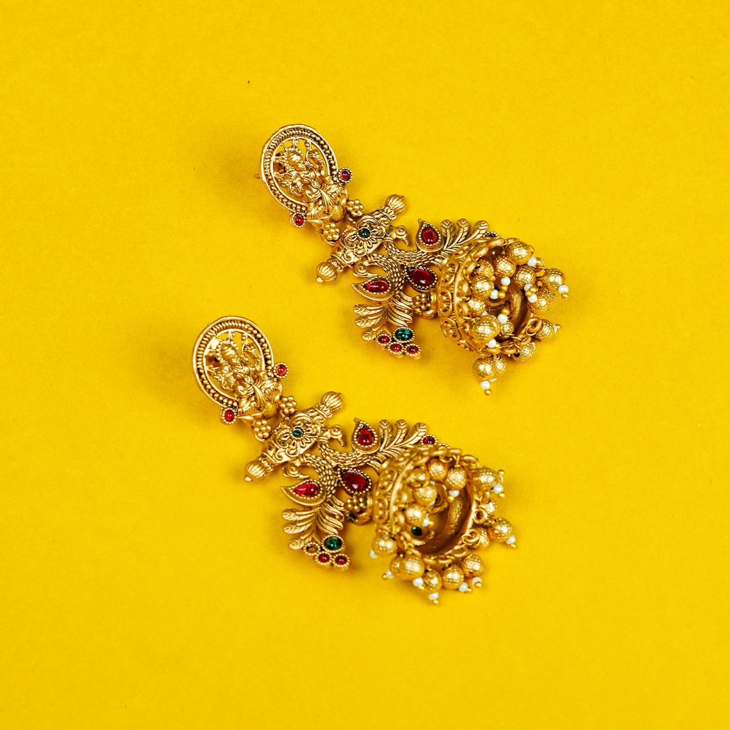 Zevar Club 22K Gold-Plated Lakshmi Motif Temple Jhumka Earrings with Red & Green Stones Accents