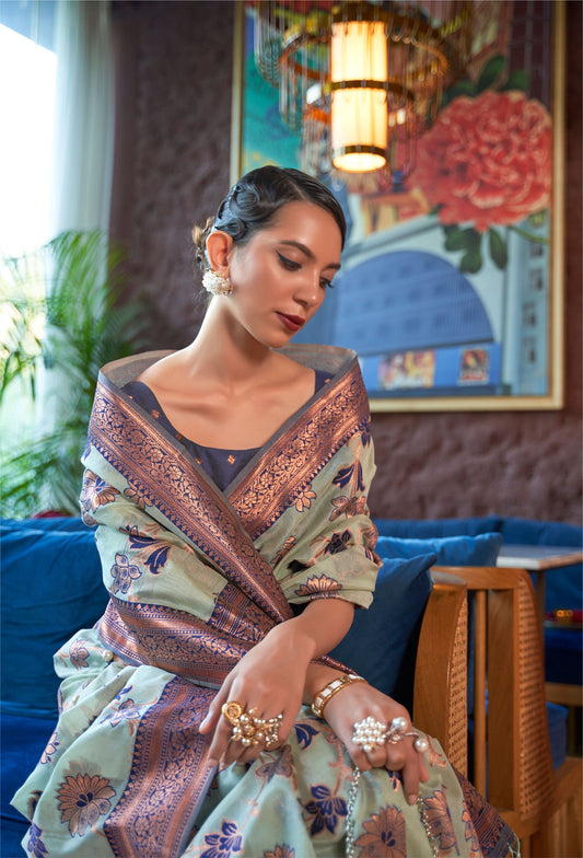 Green Kadvika Silk Shimmer Copper woven Saree