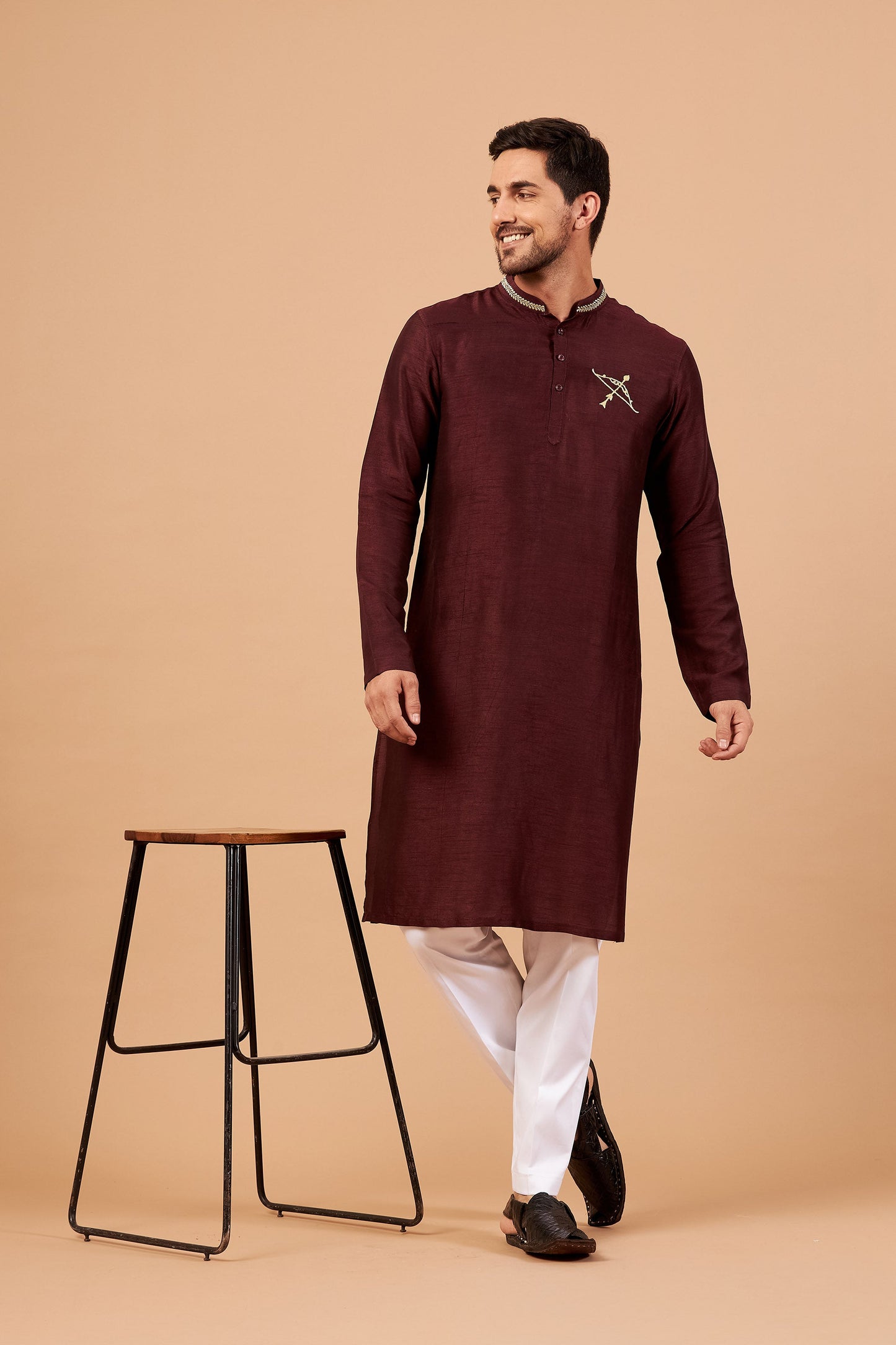 Maroon Semi Raw Silk Zari Bow & Arrow Embroidery ( only Kurta )
