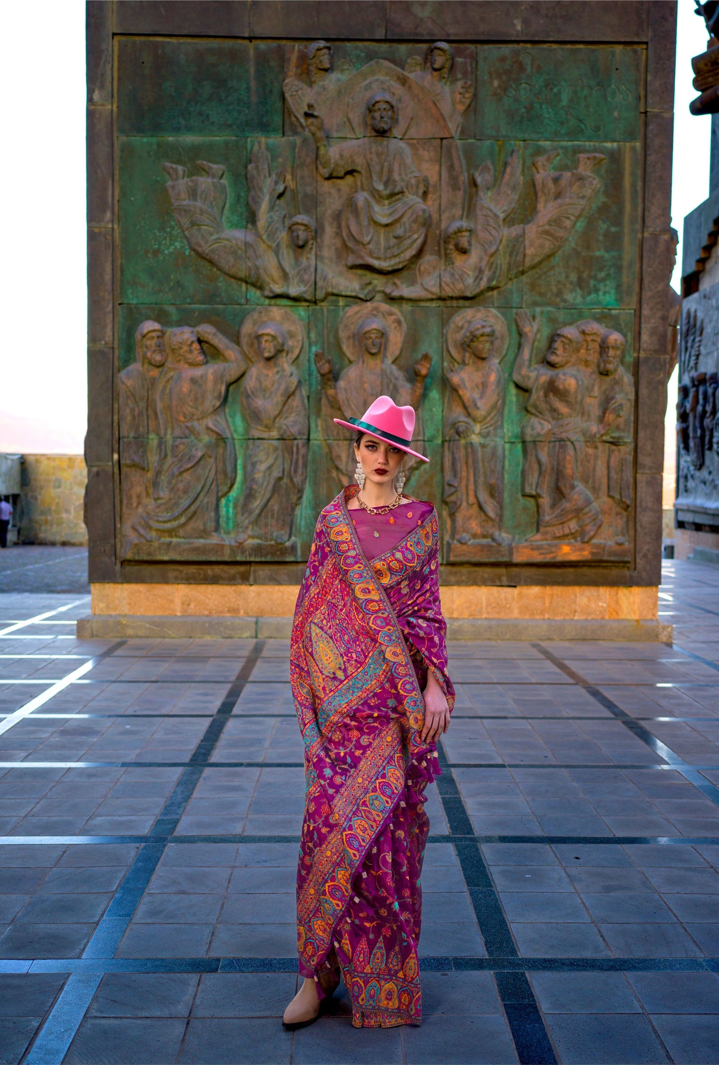 Magenta Kashneer Organza Kashmiri Handloom Silk Saree